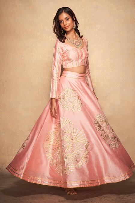 Shop_Gulabo By Abu Sandeep_Pink 100% Pure Chanderi Silk Embellished Gota Placement Rose Pattern Skirt_Online_at_Aza_Fashions