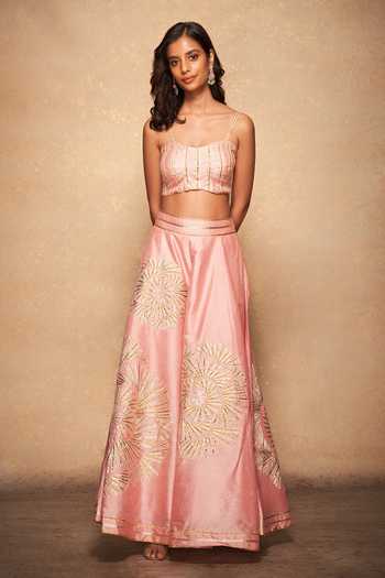Gulabo By Abu Sandeep_Pink 100% Pure Chanderi Silk Gota Sweetheart Neck Bralette _Online_at_Aza_Fashions