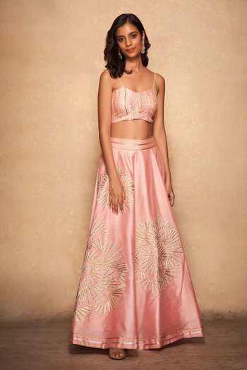 Shop_Gulabo By Abu Sandeep_Pink 100% Pure Chanderi Silk Gota Sweetheart Neck Bralette _Online_at_Aza_Fashions