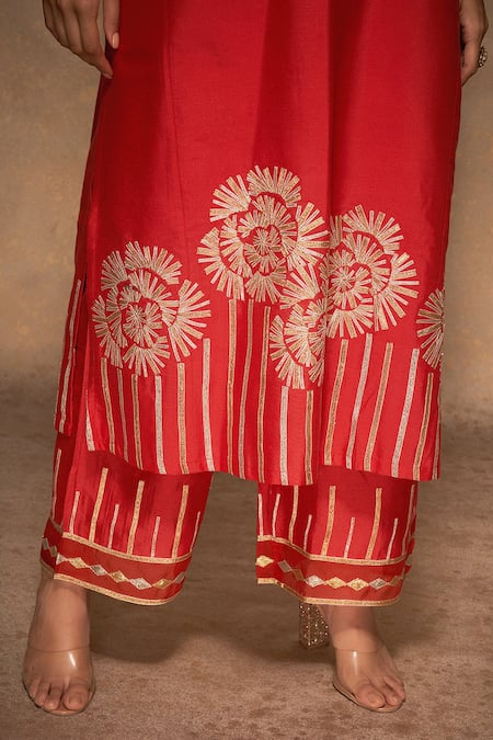 Shop_Gulabo By Abu Sandeep_Red 100% Pure Chanderi Silk Embellished Gota Hem Straight Pant _Online_at_Aza_Fashions