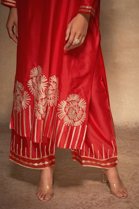 Gulabo By Abu Sandeep_Red 100% Pure Chanderi Silk Embellished Gota Hem Straight Pant _at_Aza_Fashions