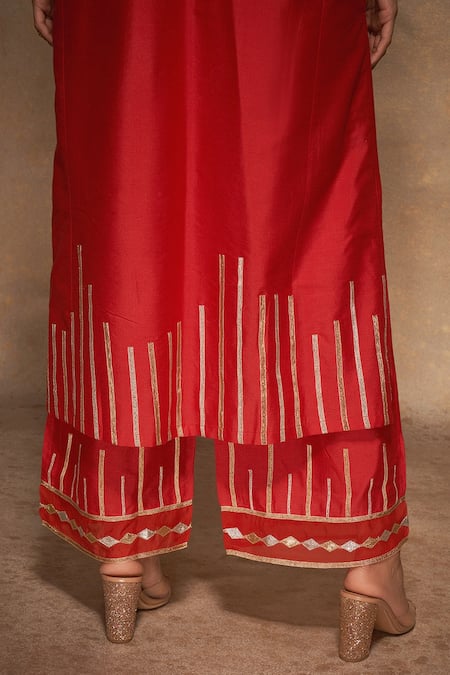 Buy_Gulabo By Abu Sandeep_Red 100% Pure Chanderi Silk Embellished Gota Hem Straight Pant 