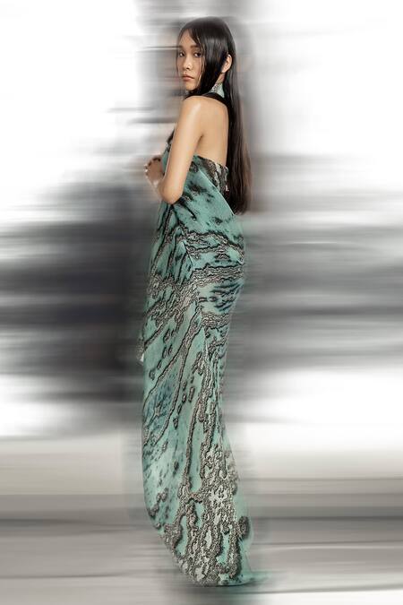 Buy Abhishek Sharma Green Polyester, Georgette Lace Halter Neck Reef Print Draped Dress Online at Aza Fashions Buy_Abhishek Sharma_Green Polyester, Georgette Lace Halter Neck Reef Print Draped Dress _Online_at_Aza_Fashions