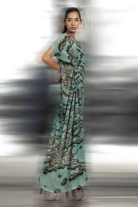 Buy Abhishek Sharma Green Polyester Round Neck Reef Print Drop Shoulder Draped Gown Online at Aza Fashions Buy_Abhishek Sharma_Green Polyester Round Neck Reef Print Drop Shoulder Draped Gown _Online_at_Aza_Fashions