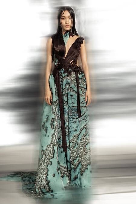 Abhishek Sharma Green Polyester Lace, Embroidery High Neck Draped Raised Reef Print Top Online at Aza Fashions Abhishek Sharma_Green Polyester Lace, Embroidery High Neck Draped Raised Reef Print Top _Online_at_Aza_Fashions