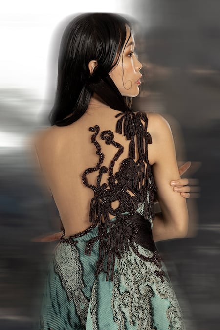 Buy Abhishek Sharma Green Polyester Lace, Embroidery High Neck Draped Raised Reef Print Top Online at Aza Fashions Buy_Abhishek Sharma_Green Polyester Lace, Embroidery High Neck Draped Raised Reef Print Top _Online_at_Aza_Fashions