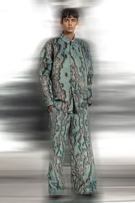 Abhishek Sharma_Blue Polyester Coast Print Anti-fit Jacket With Trouser _Online_at_Aza_Fashions