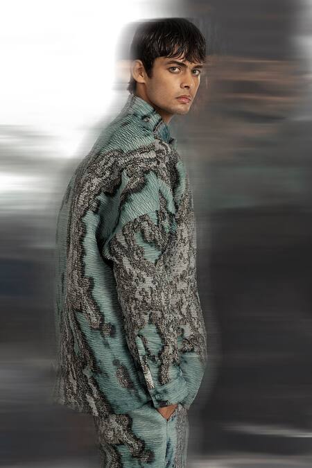 Shop_Abhishek Sharma_Blue Polyester Coast Print Anti-fit Jacket With Trouser _Online_at_Aza_Fashions