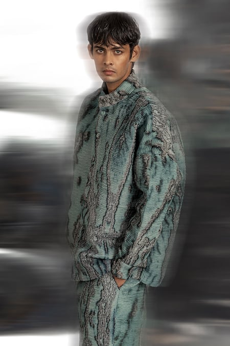 Abhishek Sharma_Blue Polyester Coast Print Anti-fit Jacket With Trouser _at_Aza_Fashions