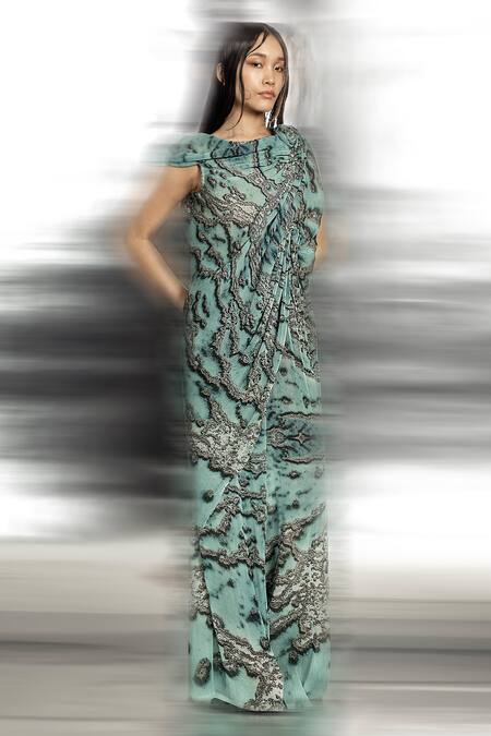 Abhishek Sharma Green Georgette High Neck Reef Print Draped Top Online at Aza Fashions Abhishek Sharma_Green Georgette High Neck Reef Print Draped Top _Online_at_Aza_Fashions