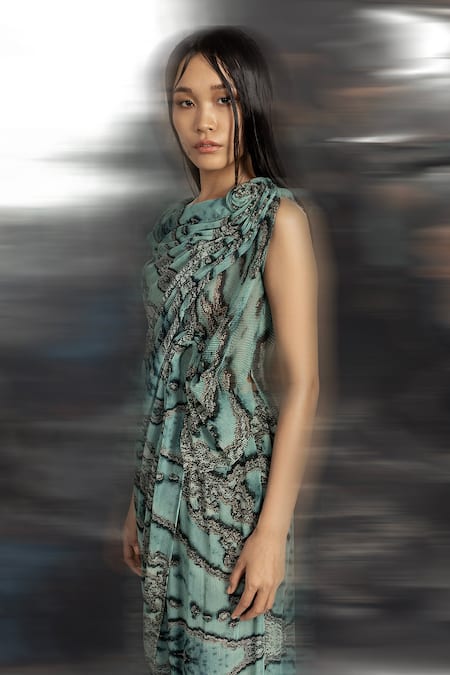 Shop Abhishek Sharma Green Georgette High Neck Reef Print Draped Top Online at Aza Fashions Shop_Abhishek Sharma_Green Georgette High Neck Reef Print Draped Top _Online_at_Aza_Fashions