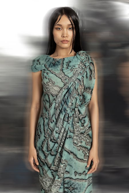 Abhishek Sharma Green Georgette High Neck Reef Print Draped Top at Aza Fashions Abhishek Sharma_Green Georgette High Neck Reef Print Draped Top _at_Aza_Fashions