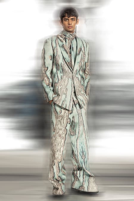 Abhishek Sharma_Blue Handloom Cotton Coast Print Jacket And Trouser Set _Online_at_Aza_Fashions