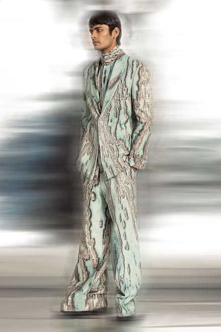 Buy_Abhishek Sharma_Blue Handloom Cotton Coast Print Jacket And Trouser Set _Online_at_Aza_Fashions