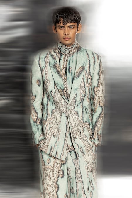 Shop_Abhishek Sharma_Blue Handloom Cotton Coast Print Jacket And Trouser Set _Online_at_Aza_Fashions