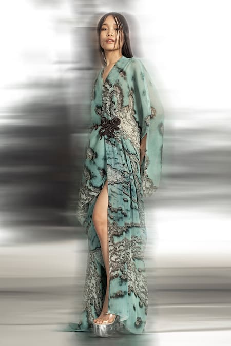 Buy Abhishek Sharma Green Polyester V-neck Reef Print Asymmetric Draped Gown Online at Aza Fashions Buy_Abhishek Sharma_Green Polyester V-neck Reef Print Asymmetric Draped Gown _Online_at_Aza_Fashions