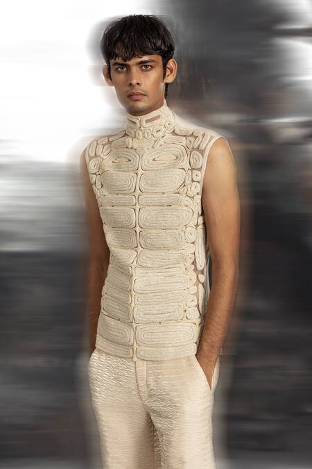 Abhishek Sharma_Ivory Net, Polyester Beads, Cut Work, Textured Jacket Wide Hem Trouser Set _Online_at_Aza_Fashions