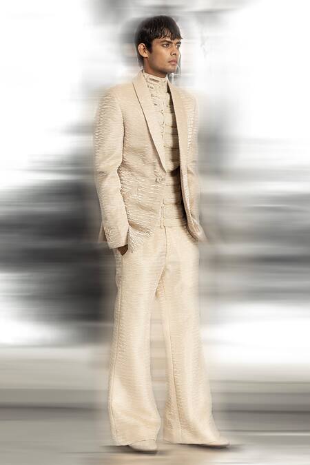 Buy_Abhishek Sharma_Ivory Net, Polyester Beads, Cut Work, Textured Jacket Wide Hem Trouser Set _Online_at_Aza_Fashions