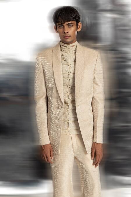 Shop_Abhishek Sharma_Ivory Net, Polyester Beads, Cut Work, Textured Jacket Wide Hem Trouser Set _Online_at_Aza_Fashions