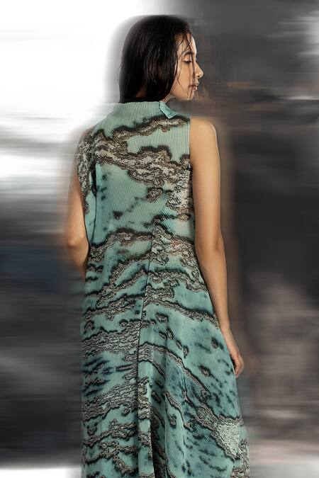 Abhishek Sharma Green Polyester Lace, Embroidery High Neck Reef Print Asymmetric Draped Top Online at Aza Fashions Abhishek Sharma_Green Polyester Lace, Embroidery High Neck Reef Print Asymmetric Draped Top _Online_at_Aza_Fashions