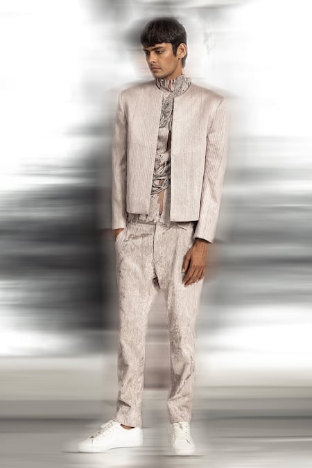 Abhishek Sharma Grey Net Beads, Embroidery Short Jacket And Yarn Couched Trouser Set Online at Aza Fashions Abhishek Sharma_Grey Net Beads, Embroidery Short Jacket And Yarn Couched Trouser Set _Online_at_Aza_Fashions