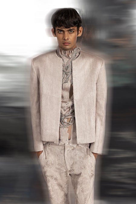Shop Abhishek Sharma Grey Net Beads, Embroidery Short Jacket And Yarn Couched Trouser Set Online at Aza Fashions Shop_Abhishek Sharma_Grey Net Beads, Embroidery Short Jacket And Yarn Couched Trouser Set _Online_at_Aza_Fashions