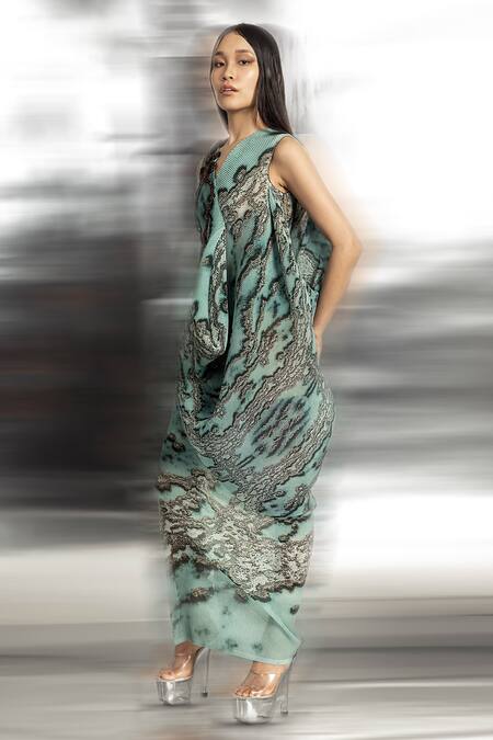 Abhishek Sharma Green Polyester Embroidery V-neck Reef Print Front Cowl Dress Online at Aza Fashions Abhishek Sharma_Green Polyester Embroidery V-neck Reef Print Front Cowl Dress _Online_at_Aza_Fashions