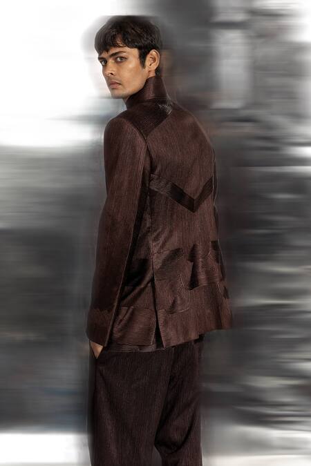 Buy_Abhishek Sharma_Brown Net, Viscose Bandhgala With Draped Pant _Online_at_Aza_Fashions