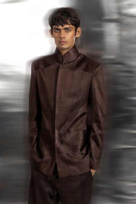 Shop_Abhishek Sharma_Brown Net, Viscose Bandhgala With Draped Pant _Online_at_Aza_Fashions