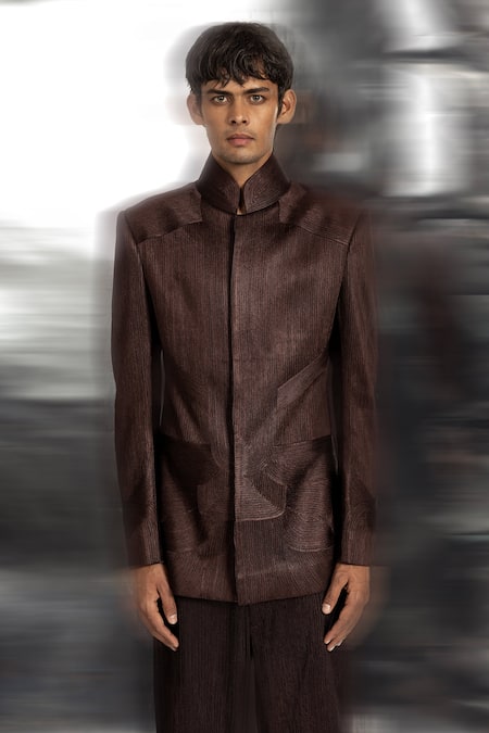 Abhishek Sharma_Brown Net, Viscose Bandhgala With Draped Pant _at_Aza_Fashions