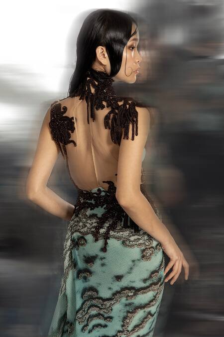 Buy_Abhishek Sharma_Green Poly Georgette Printed Reef Patterns High And Embellished Gown  _Online_at_Aza_Fashions
