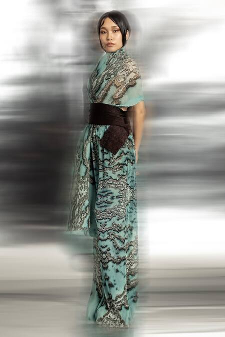 Buy Abhishek Sharma Green Polyester Embroidery Off-shoulder Reef Print Draped Top Online at Aza Fashions Buy_Abhishek Sharma_Green Polyester Embroidery Off-shoulder Reef Print Draped Top _Online_at_Aza_Fashions