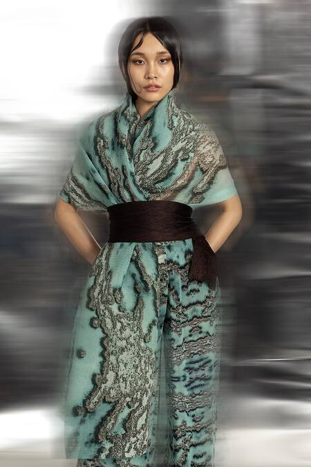 Shop Abhishek Sharma Green Polyester Embroidery Off-shoulder Reef Print Draped Top Online at Aza Fashions Shop_Abhishek Sharma_Green Polyester Embroidery Off-shoulder Reef Print Draped Top _Online_at_Aza_Fashions