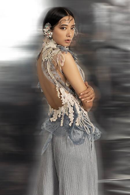 Shop_Abhishek Sharma_Blue Net, Crepe, Organza Pearls, Embroidery Turtle Neck Applique Top And Pant Set _Online_at_Aza_Fashions