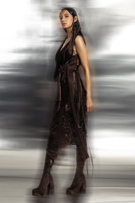 Abhishek Sharma_Brown Chiffon, Polyester, Net Embroidery Plunge Draped Top And Pencil Skirt Set _Online_at_Aza_Fashions