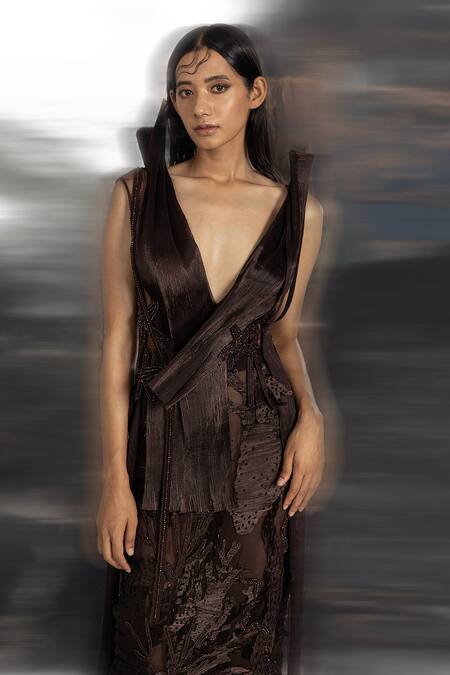 Buy_Abhishek Sharma_Brown Chiffon, Polyester, Net Embroidery Plunge Draped Top And Pencil Skirt Set _Online_at_Aza_Fashions