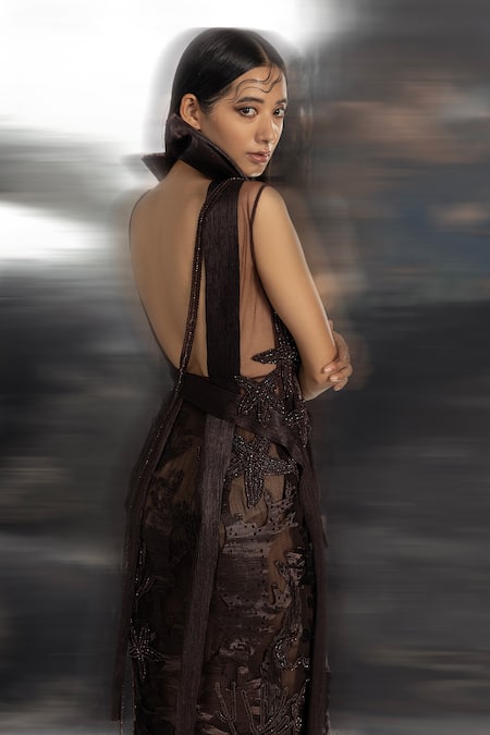 Shop_Abhishek Sharma_Brown Chiffon, Polyester, Net Embroidery Plunge Draped Top And Pencil Skirt Set _Online_at_Aza_Fashions