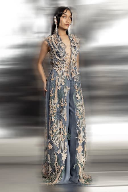 Abhishek Sharma_Blue Net, Chiffon, Crepe, Organza Sleeveless Embroidered Jacket And Wide Pant Set _Online_at_Aza_Fashions