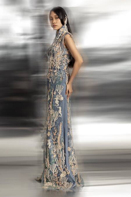 Buy_Abhishek Sharma_Blue Net, Chiffon, Crepe, Organza Sleeveless Embroidered Jacket And Wide Pant Set _Online_at_Aza_Fashions