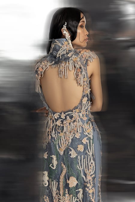 Shop_Abhishek Sharma_Blue Net, Chiffon, Crepe, Organza Sleeveless Embroidered Jacket And Wide Pant Set _Online_at_Aza_Fashions