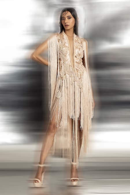 Abhishek Sharma Pink Net, Crepe Beads, Fringe High Neck Yarn Draped Dress Online at Aza Fashions Abhishek Sharma_Pink Net, Crepe Beads, Fringe High Neck Yarn Draped Dress _Online_at_Aza_Fashions