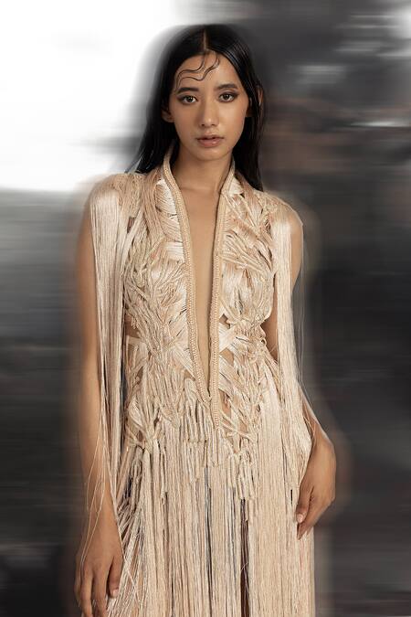 Shop Abhishek Sharma Pink Net, Crepe Beads, Fringe High Neck Yarn Draped Dress Online at Aza Fashions Shop_Abhishek Sharma_Pink Net, Crepe Beads, Fringe High Neck Yarn Draped Dress _Online_at_Aza_Fashions