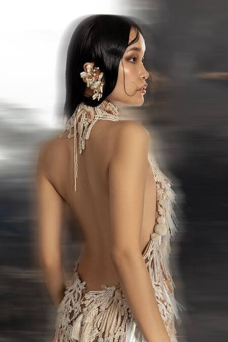 Shop Abhishek Sharma Ivory Net Beads, Cut Work Halter Neck Coral Reef Theme Holographic Dress Online at Aza Fashions Shop_Abhishek Sharma_Ivory Net Beads, Cut Work Halter Neck Coral Reef Theme Holographic Dress _Online_at_Aza_Fashions