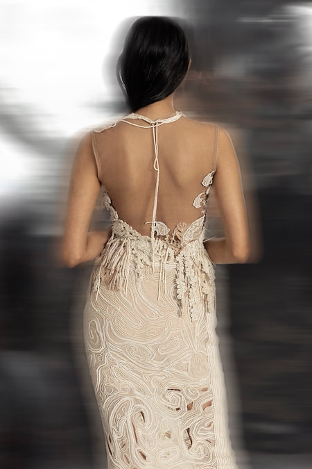 Buy_Abhishek Sharma_Ivory Net, Crepe, Chiffon Tassels, Sleeveless Embellished Top And Pencil Skirt Set _Online_at_Aza_Fashions