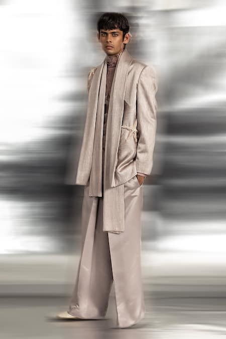 Abhishek Sharma_Grey Satin, Voile, Net Crystals Extended Shawl Collar Jacket And Trouser Set _Online_at_Aza_Fashions