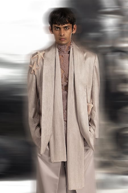 Buy_Abhishek Sharma_Grey Satin, Voile, Net Crystals Extended Shawl Collar Jacket And Trouser Set _Online_at_Aza_Fashions