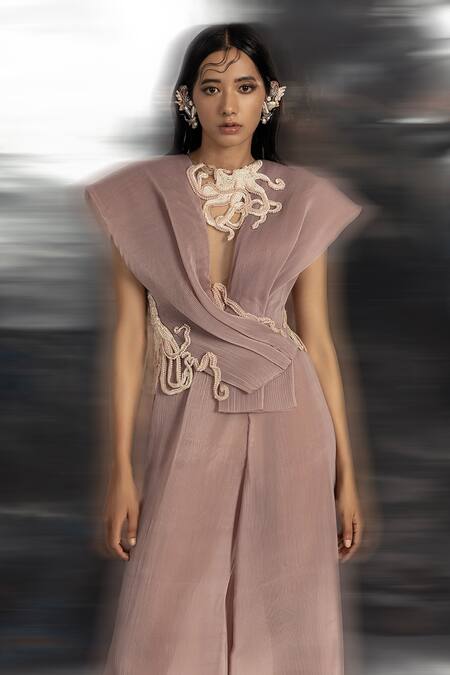 Abhishek Sharma Pink Net, Crepe, Organza Embroidery Plunge Neck Draped Top And Flared Pant Set Online at Aza Fashions Abhishek Sharma_Pink Net, Crepe, Organza Embroidery Plunge Neck Draped Top And Flared Pant Set _Online_at_Aza_Fashions