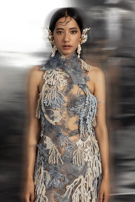 Buy Abhishek Sharma Blue Net, Organza, Crepe Pearls, Sequins, Abstract Embellished Backless Gown Online at Aza Fashions Buy_Abhishek Sharma_Blue Net, Organza, Crepe Pearls, Sequins, Abstract Embellished Backless Gown _Online_at_Aza_Fashions