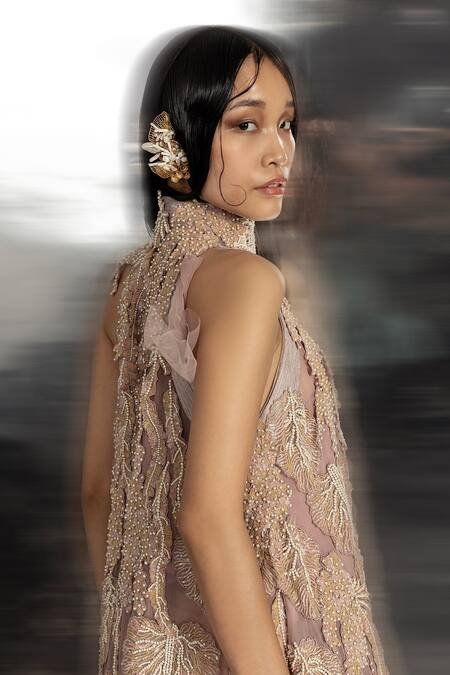 Buy_Abhishek Sharma_Pink Net, Chiffon Pearls, Sequins High Neck 3d And Embellished Dress _Online_at_Aza_Fashions