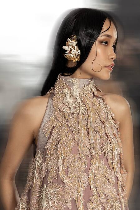 Abhishek Sharma_Pink Net, Chiffon Pearls, Sequins High Neck 3d And Embellished Dress _at_Aza_Fashions